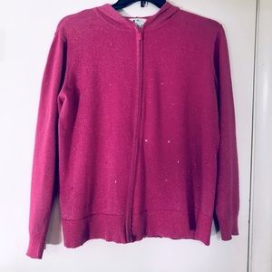 Quacker Factory Pink Sparkle Sweater Hooded  Sequins Zip Large